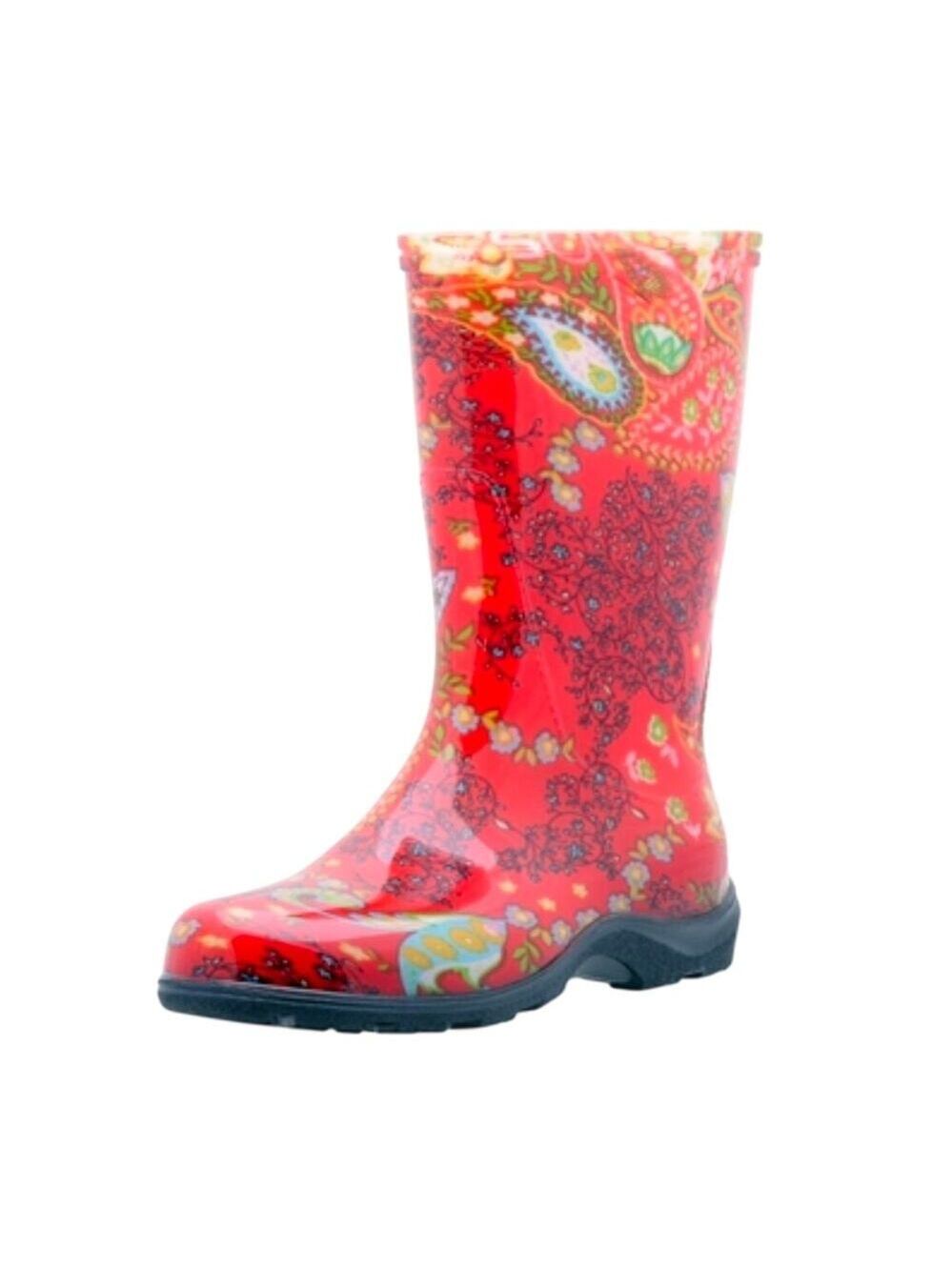 Sloggers Waterproof Non Slip Red Paisley Floral Garden/Rain Boots Size 10